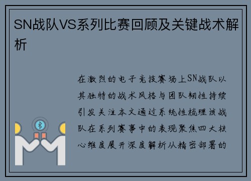 SN战队VS系列比赛回顾及关键战术解析